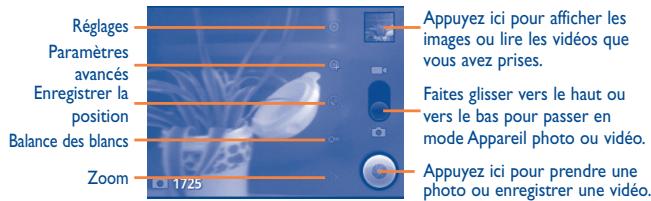 Réglages Paramètres avancés Enregistrer la position Balance des blancs Zoom 1725 Appuyez ici pour afficher les images ou lire les vidéos que vous avez prises. Faites glisser vers le haut ou vers le bas pour passer en mode Appareil photo ou vidéo. Appuyez ici pour prendre une photo ou enregistrer une vidéo.