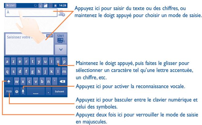 Appuyez ici pour saisir du texte ou des chiffres, ou maintenez le doigt appuyé pour choisir un mode de saisie. Saisissez votre la Direction SIM1 a z e r t y u i o p q s d f g h j k l m w x c v b n 7123 Suivant Maintenez le doigt appuyé, puis faites le glisser pour sélectionner un caractère tel qu'une lettre accentuée, un chiffre, etc. Appuyez ici pour activer la reconnaissance vocale. Appuyez ici pour basculer entre le clavier numérique et celui des symboles. Appuyez deux fois ici pour verrouiller le mode de saisie en majuscules.