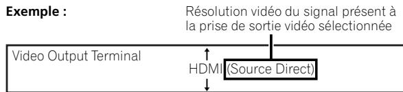 Exemple : Résolution vidéo du signal présent à la prise de sortie vidéo sélectionnée Video Output Terminal HDMI (Source Direct)