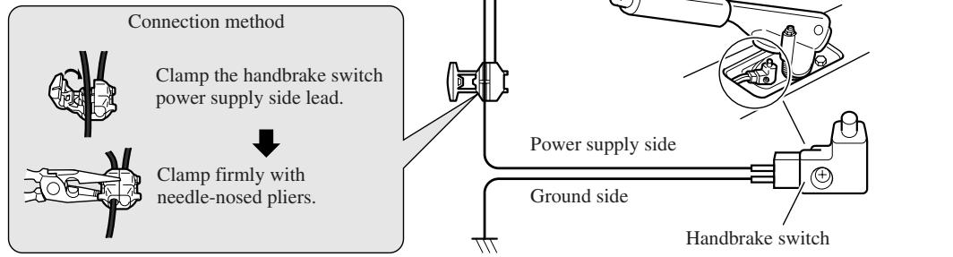 Connection method Clamp the handbrake switch power supply side lead. Clamp firmly with needle-nosed pliers. Power supply side Ground side Handbrake switch