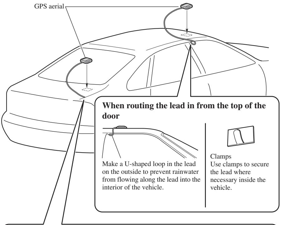 GPS aerial When routing the lead in from the top of the door Make a U-shaped loop in the lead on the outside to prevent rainwater from flowing along the lead into the interior of the vehicle. Clamps Use clamps to secure the lead where necessary inside the vehicle.
