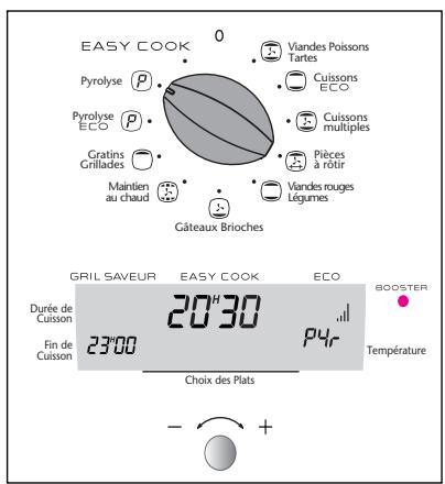 EASY COOK 0 Viandes Poissons Tartes Cuissons ECO Pyrolyse P Cuissons multiples Pyrolyse ECO P Gratins Crillades Pièces à rôtit Maintien au chaud Viandes rouges Légumes Gâteaux Brioches GRIL SAVEUR EASY COOK ECO BOOSTER Durée de Cuisson 20 H30 pyr Température Fin de Cuisson 2300 Choix des Plats - +