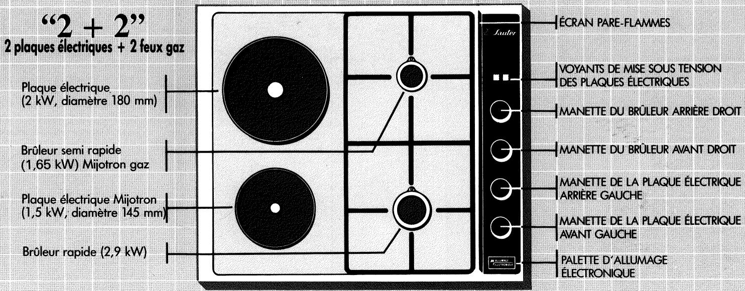"2 + 2" 2 plaques électriques + 2 feux gaz Plaque électrique (2 kW, diamètre 180 mm) Brûleur semi rapide (1,65 kW) Mijotron gaz Plaque électrique Mijotron (1,5 kW, diamètre 145 mm) Brûleur rapide (2,9 kW) ÉCRAN PARE-FLAMMES VOYANTS DE MISE SOUS TENSION DES PLAQUES ÉLECTRIQUES MANETTE DU BRÛLEUR ARRIÈRE DROIT MANETTE DU BRÛLEUR AVANT DROIT MANETTE DE LA PLAQUE ÉLECTRIQUE ARRIÈRE GAUCHE MANETTE DE LA PLAQUE ÉLECTRIQUE AVANT GAUCHE PALETTE D'ALLUMAGE ÉLECTRONIQUE