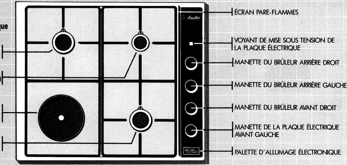 ÉCRAN PARE-FLAMMES VOYANT DE MISE SOUS TENSION DE LA PLAQUE ÉLECTRIQUE MANETTE DU BRÛLEUR ARRIÈRE DROIT MANETTE DU BRÛLEUR ARRIÈRE GAUCHE MANETTE DU BRÛLEUR AVANT DROIT MANETTE DE LA PLAQUE ÉLECTRIQUE AVANT GAUCHE PALETTE D'ALLUMAGE ÉLECTRONIQUE