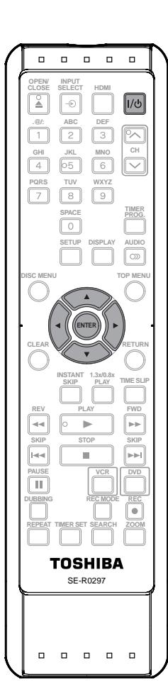 OPEN CLOSE INPUT SELECT HDMI @/- ABC DEF 1 2 3 GH JKL MNO 4 5 6 PQRS TUV WXYZ 7 8 9 SPACE 0 TIMER PROG. SETUP DISPLAY AUDIO CD DISC MENU TOP MENU ENTER CLEAR RETURN INSTANT 1.3x0.8x PLAY TIME SLIP SKIP FWD REV PLAY SKIP STOP SKIP PAUSE VCR DVD DUBBING REC MODE REC REPEAT TIMER SET SEARCH ZOOM TOSHIBA SE-R0297