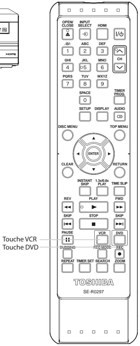 OPEN/ CLOSE INPUT SELECT HDMI .@ ABC DEF 1 2 3 GHI JKL MNO CH 4 5 6 PQRS TUV WXYZ 7 8 9 SPACE 0 SETUP DISPLAY AUDIO DISC MENU TOP MENU ENTER CLEAR RETURN INSTANT SKIP 1.3x/0.8x PLAY TIME SLIP REV PLAY FWD SKIP STOP SKIP ■ PAUSE VCR DVD DUBBING REC MODE REC REPEAT TIMER SET SEARCH ZOOM TOSHIBA SE-R0297 Touche VCR Touche DVD