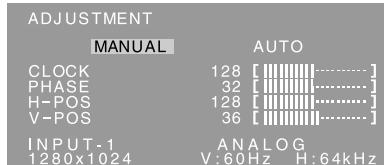ADJUSTMENT MANUAL AUTO CLOCK 128 [............] PHASE 32 [............] H-POS 128 [............] V-POS 36 [............] INPUT-1 ANALOG 1280x1024 V:60Hz H:64kHz