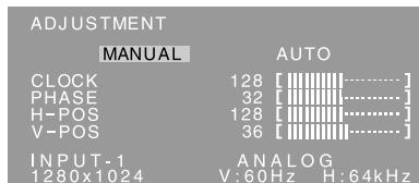 ADJUSTMENT MANUAL AUTO CLOCK 128 […………___] PHASE 32 […………___] H-POS 128 […………___] V-POS 36 […………___] INPUT-1 ANALOG 1280x1024 V:60Hz H:64kHz