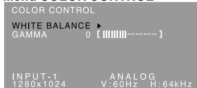 COLOR CONTROL WHITE BALANCE ▶ GAMMA 0 [||||||||......] INPUT -1 ANALOG 1280x1024 V:60Hz H:64kHz