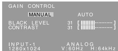 GAIN CONTROL MANUAL AUTO BLACK LEVEL 31 [............] CONTRAST 31 [............] INPUT-1 ANALOG 1280x1024 V:60Hz H:64kHz