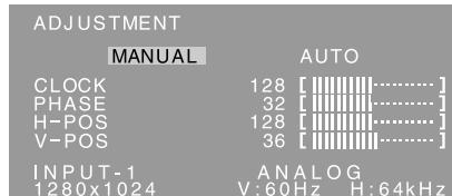 ADJUSTMENT MANUAL AUTO CLOCK 128 [___________________________] PHASE 32 [___________________________] H-POS 128 [___________________________] V-POS 36 [___________________________] INPUT-1 ANALOG 1280x1024 V:60Hz H:64kHz