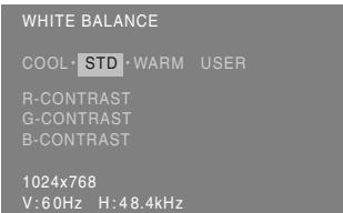 WHITE BALANCE COOL·STD·WARM USER R-CONTRAST G-CONTRAST B-CONTRAST 1024x768 V:60Hz H:48.4kHz