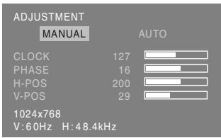 ADJUSTMENT MANUAL AUTO CLOCK 127 PHASE 16 H-POS 200 V-POS 29 1024x768 V:6.0Hz H:48.4kHz