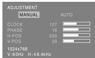 ADJUSTMENT MANUAL AUTO CLOCK 127 PHASE 16 H-POS 200 V-POS 29 1024x768 V:60Hz H:48.4kHz