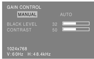 GAIN CONTROL MANUAL AUTO BLACK LEVEL 32 CONTRAST 50 1024x768 V:60Hz H:48.4kHz