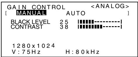GAIN CONTROL [ MANUAL AUTO ] BLACK LEVEL 25 [■■■■■-] CONTRAST 38 [■■■■■-] 1280 x 1024 V : 75 Hz H : 80 kHz