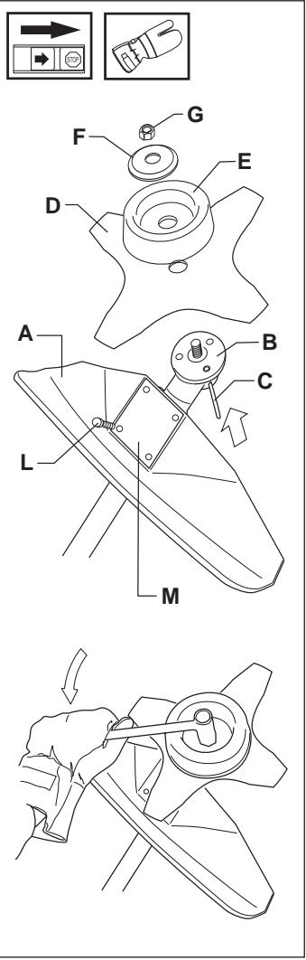 HUSQVARNA J-HANDLE - Montaje de la protección de hoja, hoja y cuchilla de hierba - 1