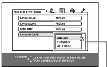 CONFIGUR. LECTEUR DVD LANGUE MENU ANGLAIS LANGUE AUDIO ANGLAIS Sous-titre ANGLAIS LANGUE D'ECRAN ANGLAIS FRANCAIS ALLEMAND SELECTION POUR CHOSIR ET ENTER POUR VALIDER. POUR QUITTER, APPUYER SUR SETUP.
