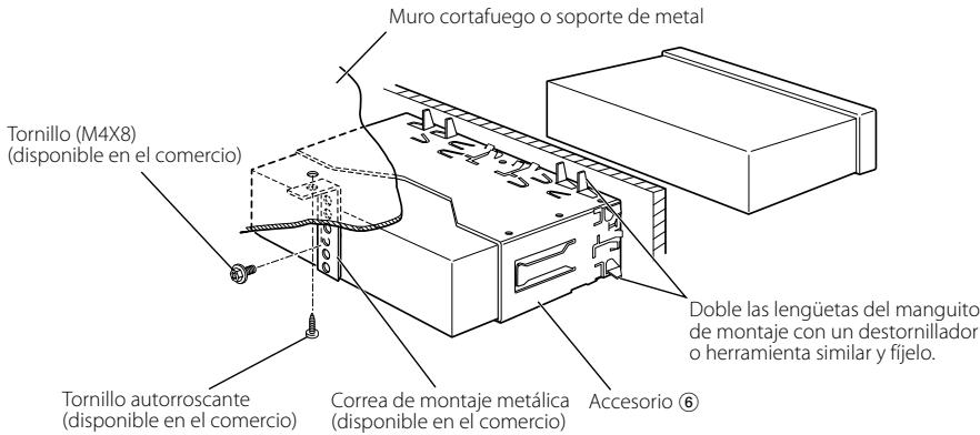 Muro cortafuego o soporte de metal Tornillo (M4X8) (disponible en el comercio) Tornillo autorroscante (disponible en el comercio) Correa de montaje metálica (disponible en el comercio) Accesorio ⑥ Doble las lengüetas del manguito de montaje con un destornillador o herramienta similar y fijelo.