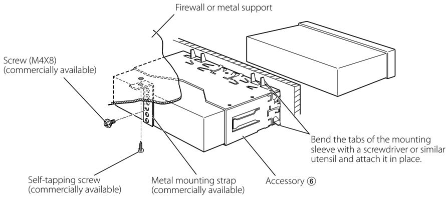 Firewall or metal support Screw (M4X8) (commercially available) Bend the tabs of the mounting sleeve with a screwdriver or similar utensil and attach it in place. Self-tapping screw (commercially available) Metal mounting strap (commercially available) Accessory ⑥