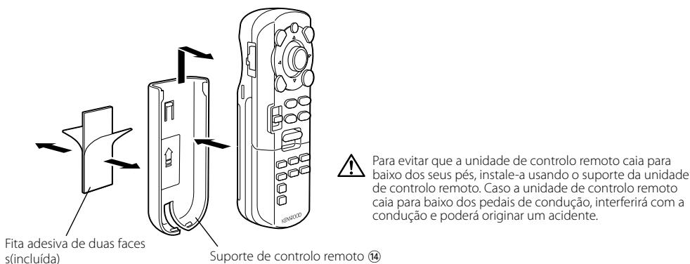 Fita adesiva de duas faces s(incluída) Suporte de controlo remoto ⑭ Para evitar que a unidade de controlo remoto caia para baixo dos seus pés, instale-a usando o suporte da unidade de controlo remoto. Caso a unidade de controlo remoto caia para baixo dos pedais de condução, interferirá com a condução e poderá originar um acidente.