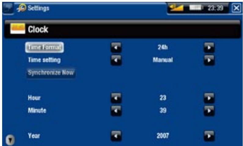 Settings 23:39 Clock Time Format 24h Time setting Manual Synchronize Now Hour 23 Minute 39 Year 2007