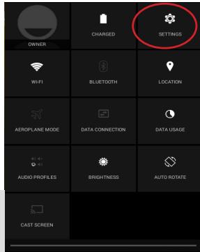 OWNER CHARGED SETTINGS WIFI BLUETOOTH LOCATION AEROPLANE MODE DATA CONNECTION DATA USAGE AUDIO PROFILES BRIGHTNESS AUTO ROTATE CAST SCREEN