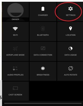 OWNER CHARGED SETTINGS WIFI BLUETOOTH LOCATION AEROPLANE MODE DATA CONNECTION DATA USAGE AUDIO PROFILES BRIGHTNESS AUTO ROTATE CAST SCREEN