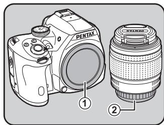 PENTAX K-500 - Retirez le bouchon de boîtier (1) et le cache de la monture de l'objet (2). - 1