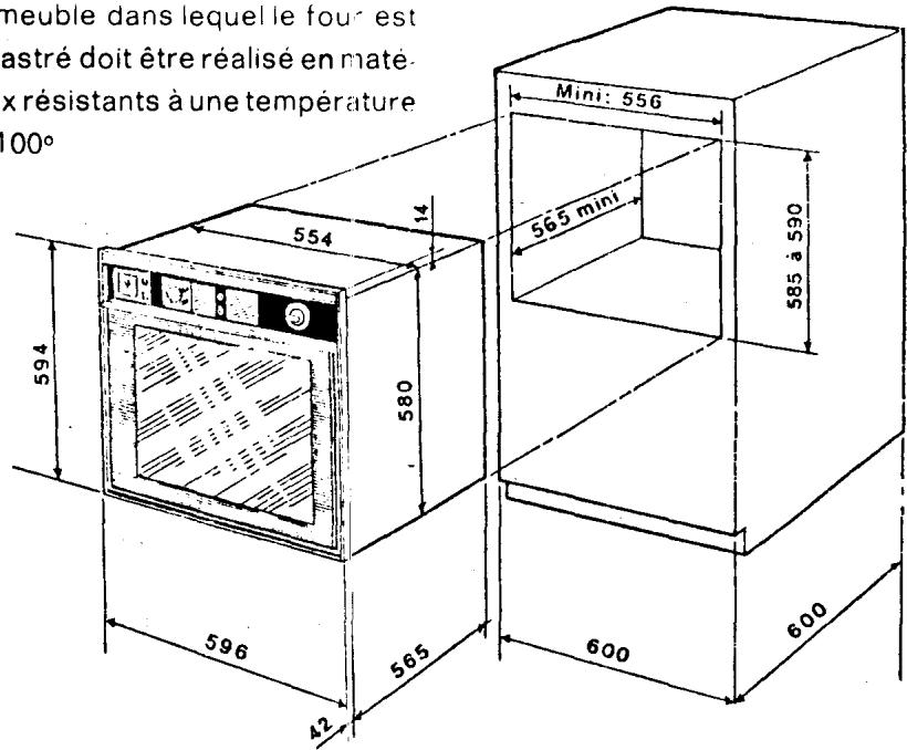 neuble dans lequel le four est astré doit être réalisé en mate- x résistants à une température 00° 554 14 594 580 565 596 42 Mini: 556 565 mini 585 à 590 600 600