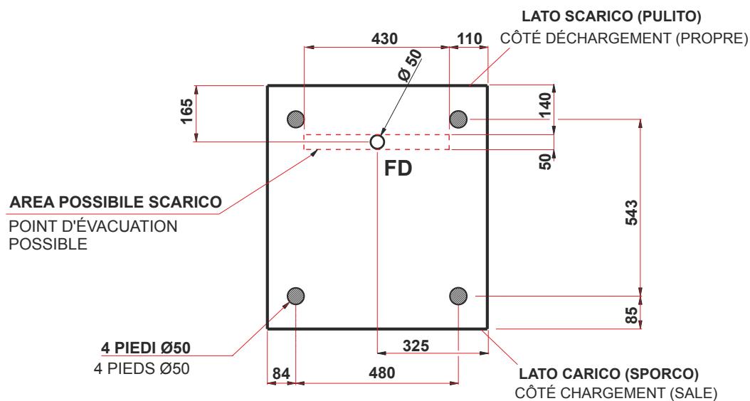 LATO SCARICO (PULITO) CÔTÉ DÉCHARGEMENT (PROPRE) 430 110 Ø50 165 140 50 FD AREA POSSIBILE SCARICO POINT D'ÉVACUATION POSSIBLE 543 85 4 PIEDI Ø50 325 4 PIEDS Ø50 480 LATO CARICO (SPORCO) CÔTÉ CHARGEMENT (SALE)