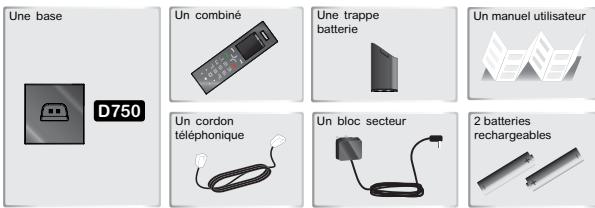 Une base D750 Un combiné Une trappe batterie Un manuel utilisateur Un cordon téléphonique Un bloc secteur 2 batteries rechargeables