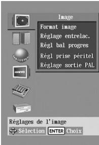 Image Format image Réglage entrelac. Régl bal progres Régl prise péritel Réglage sortie PAL Réglages de l'image Sélection ENTEA Choix