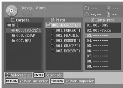 Naveg. disco Naveg. disco Carpeta MP3 005.4FORCE^1 006.BEHAP 007.MP3 Pista 005.4FORCE^1 001.FORCED^1 002.FRAGILE. 003.GOODFO^1 004.GRACEF^1 005.HOMESM^1 Lista repr. 01.005-005 02.005-Todos 03.---- 04.---- 05.---- 06.---- 07.---- 08.---- 09.---- Seleccionar ENTER Seleccion RETURN Volver anterior TOP MENU Volver superior