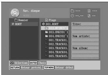 Nav. disque Dossier ROOT Plage 001,ROOT 002,MP3MUS 003,ONY01-1 004,ONY02-1 001,TRACK01. 002,TRACK02. 003,TRACK03. 004,TRACK04. 005,TRACK05. Titre: Nom artiste: Nom album: Selection ENTER Chois RETURN Retour précéd. TOPNO RETOUR début