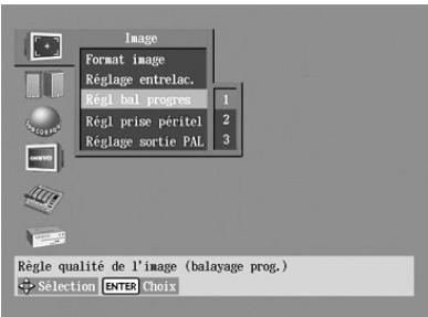 Image Format image Réglage entrelac. Régl bal progres 1 Régl prise péritel 2 Réglage sortie PAL 3 Règle qualité de l'image (balayage prog.) + Sélection ENTER Choix