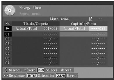Naveg. disco Repro. memo. Lista memo. No. Titulo/Carpeta Capitulo/Pista Actual/Total 001/002 Actual/Total ---/0.38 01. ----/--- 02. ----/--- 03. ----/--- 04. ----/--- 05. ----/--- 06. ----/--- 07. ----/--- Selecti. número 0-9 Selecti. direct. Desplazar ENTER Selección CLEAR Borrar