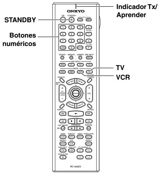 STANDBY Botones numéricos ONKYO Indicator Tx/ Aprender TV VCR RC-563DV