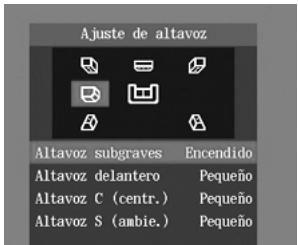 Ajuste de altavoz Altavoz subgraves Encendido Altavoz delantero Pequeño Altavoz C (centr.) Pequeño Altavoz S (ambie.) Pequeño