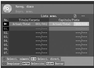 Naveg, disco Repro. memo. Lista memo. 2 -- No. Titulo/Carpeta Capitulo/Pista ▶ Actual/Total 001/002 Actual/Total 005/038 01. ---/--- 02. ---/--- 03. ---/--- 04. ---/--- 05. ---/--- 06. ---/--- 07. ---/--- Selecti. número 0-9 Selecti. direct. Desplazar ENTER Selección CLEAR Borrar