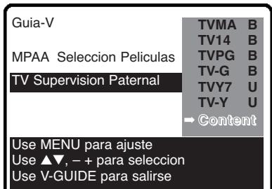 Guia-V MPAA Selección Películas TV Supervision Paternal TVMA B TV14 B TVPG B TV-G B TVY7 U TV-Y U → Content Use MENU para ajuste Use ▲▼, - + para selección Use V-GUIDE para salir