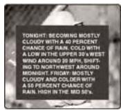 TONIGHT: BECOMING MOSTLY CLOUDY WITH A 40 PERCENT CHANCE OF RAIN. COLD WITH A LOW IN THE UPPER 20'S WEST WIND OR Around 20 MPH, SHIFTING TO NORTHWEST AROUND MONTIGHT. FRIDAY: MOSTLY CLOUDY AND COLDER WITH A 50 PERCENT CHANCE OF RAIN. HIGH IN THE MD 50's.