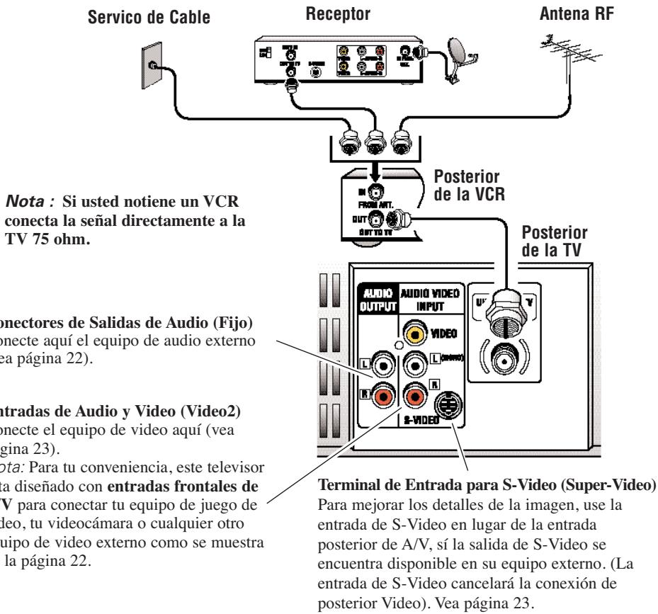 Servicio de Cable Receptor Antena RF Nota : Si usted notiene un VCR conecta la señal directamente a la TV 75 ohm. Posterior de la VCR Posterior de la TV AUDIO OUTPUT AUDIO VIDEO INPUT VIDEO L L S-VIDEO Nota: Para tu conveniencia, este televisor para diseñado con entradas frontales de TV para conectar tu equipo de juego de video, tu videocámara o cualquier otro grupo de video externo como se muestra la página 22. Terminal de Entrada para S-Video (Super-Video) Para mejorar los detalles de la imagen, use la entrada de S-Video en lugar de la entrada posterior de A/V, sí la salida de S-Video se encuentra disponible en su equipo externo. (La entrada de S-Video cancelará la conexión de posterior Video). Vea página 23.