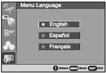 Menu Language English Español Français Select MENU Back EXIT Exit