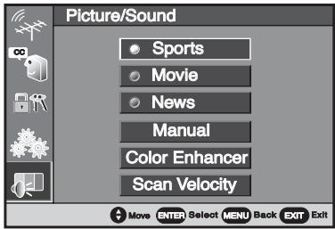 Picture/Sound Sports Movie News Manual Color Enhancer Scan Velocity Move ENTER Select MENU Back EXIT Exit