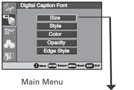 Digital Caption Font Size Style Color Opacity Edge Style Move ENTER Select MENU Back EXT Exit Main Menu