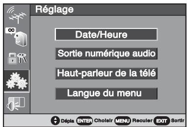 Réglage Date/Heure Sortie numérique audio Haut-parleur de la télé Langue du menu Dépla ENTER Cholair MENU Reculer EXIT Sortlr
