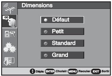 Dimensions Défaut Petit Standard Grand Dépla ENTER Cholair MENU Reculer EXIT Sortir