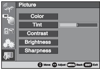 Picture Color Tint Contrast Brightness Sharpness Move Adjust MENU Back EXIT Exit