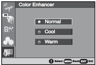 Color Enhancer Normal Cool Warm Select MENU Back EXIT Exit